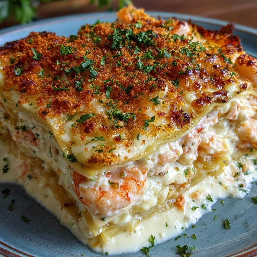 A plate of seafood lasagna with shrimp and crab.