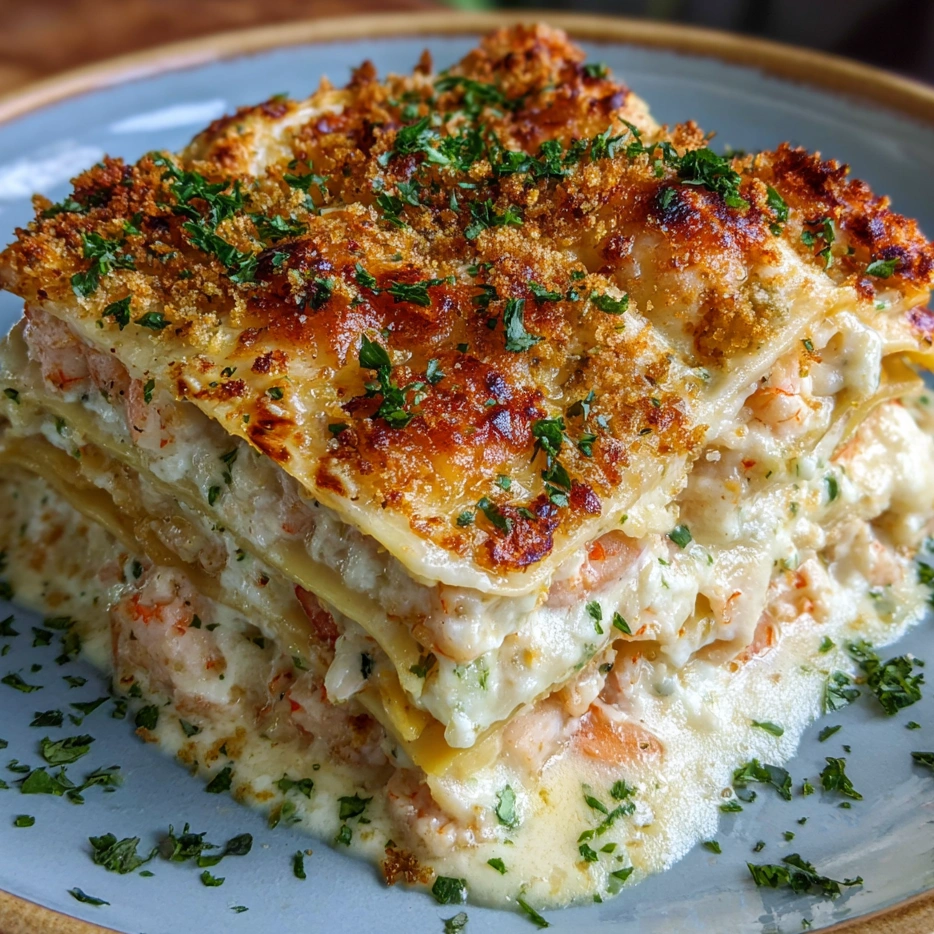 A stack of seafood lasagna with shrimp and crab.