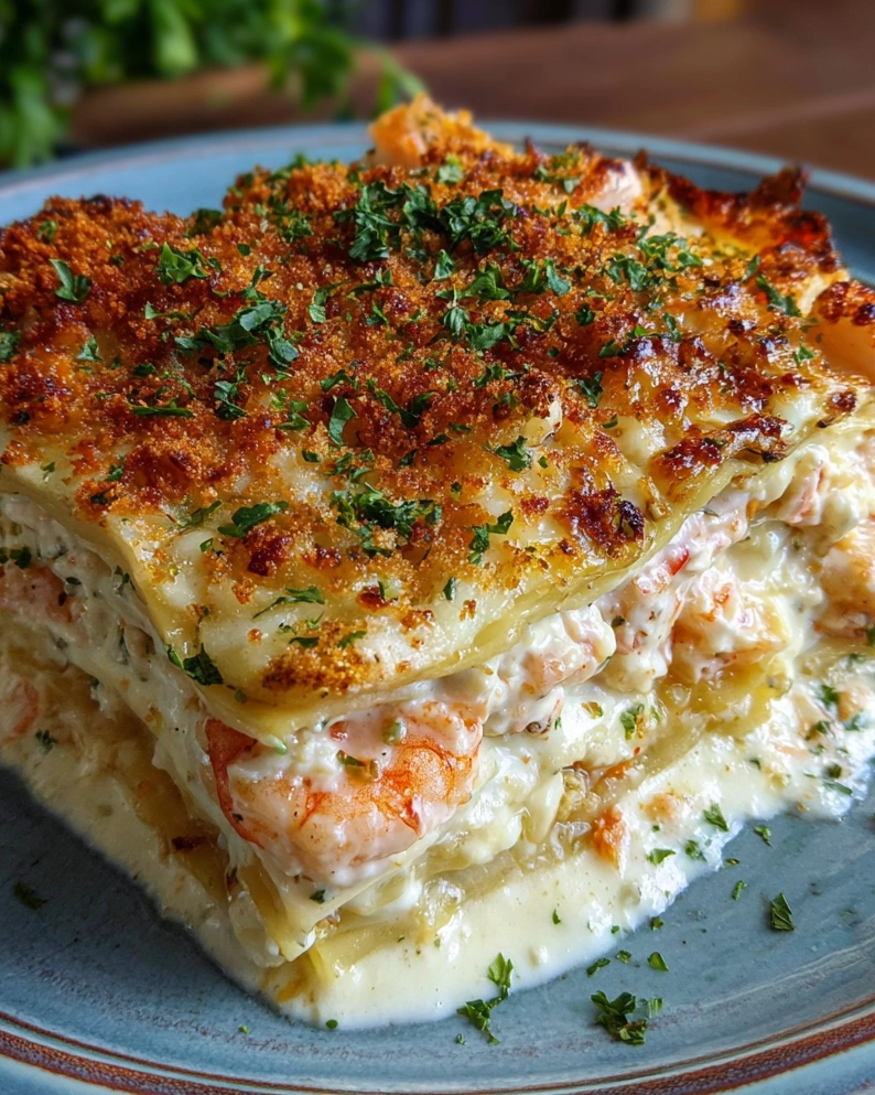 A plate of seafood lasagna with shrimp and crab.