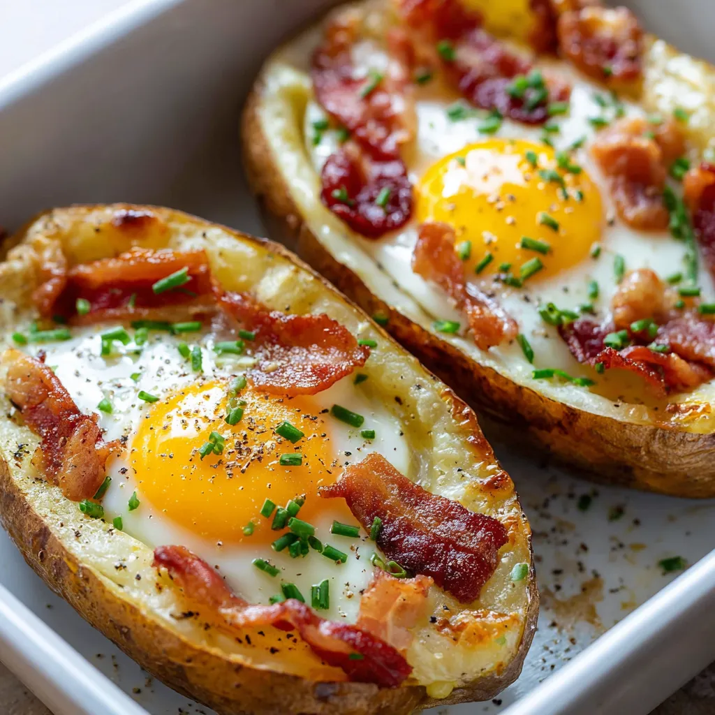 A dish of twice-baked bacon and egg potatoes.