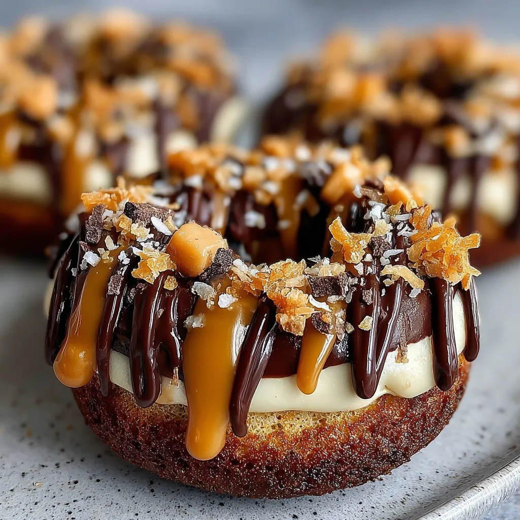 A close up of a chocolate caramel covered donut.