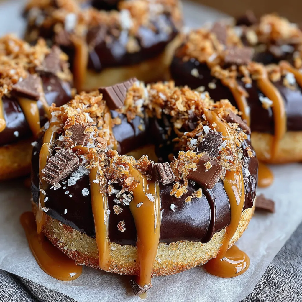 A close up of a chocolate donut with caramel drizzle.