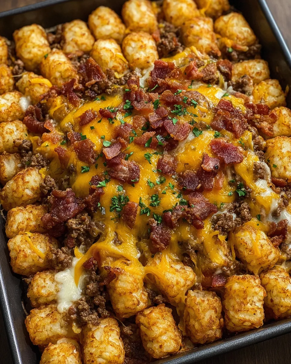 A dish of bacon cheeseburger tater tot casserole.