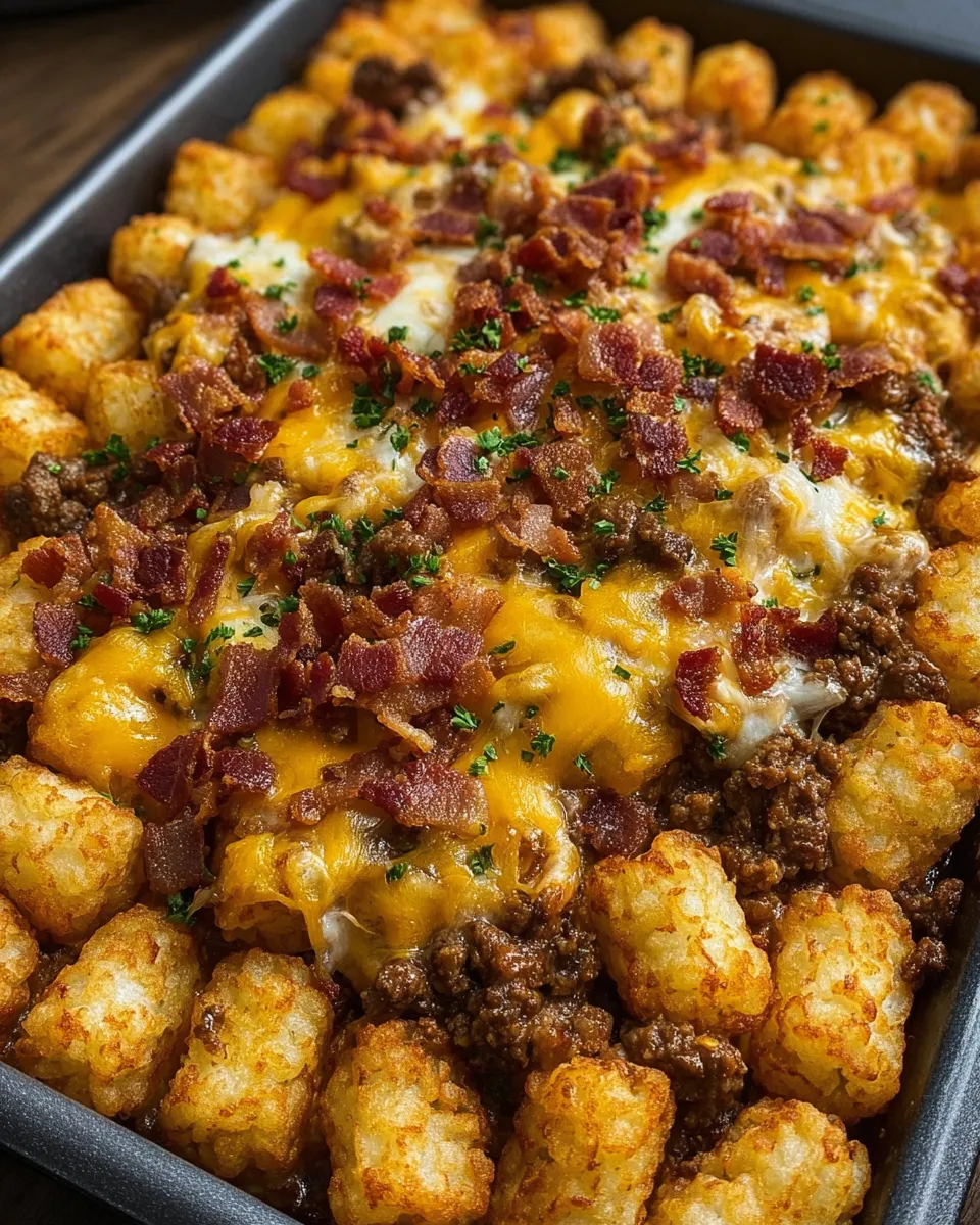 A dish of bacon cheeseburger tater tot casserole.