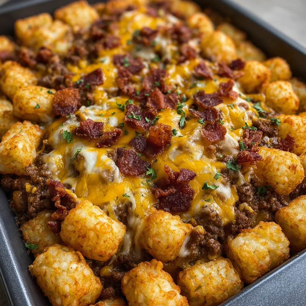 A dish of bacon cheeseburger tater tot casserole.