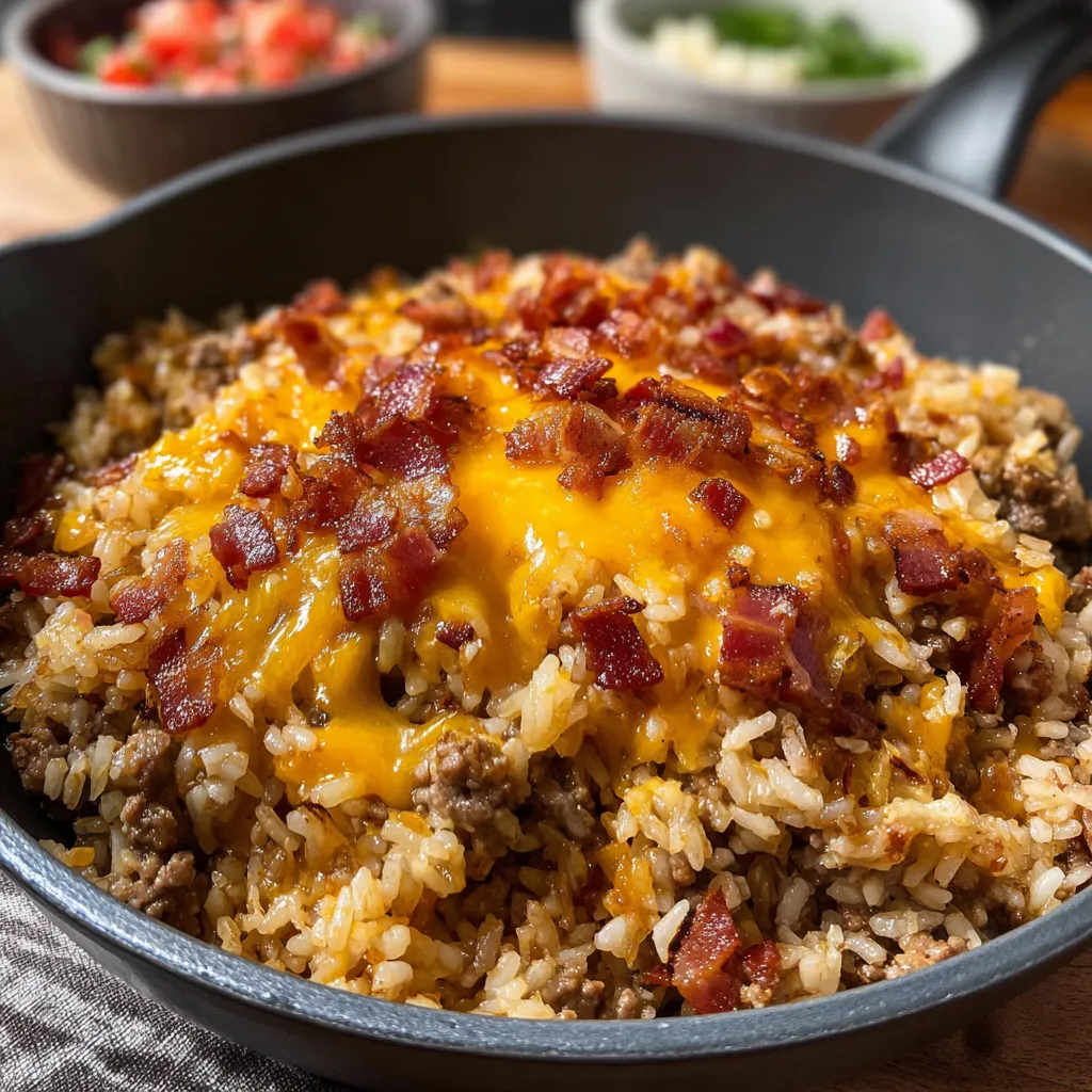 A bowl of rice with bacon cheeseburger on top.