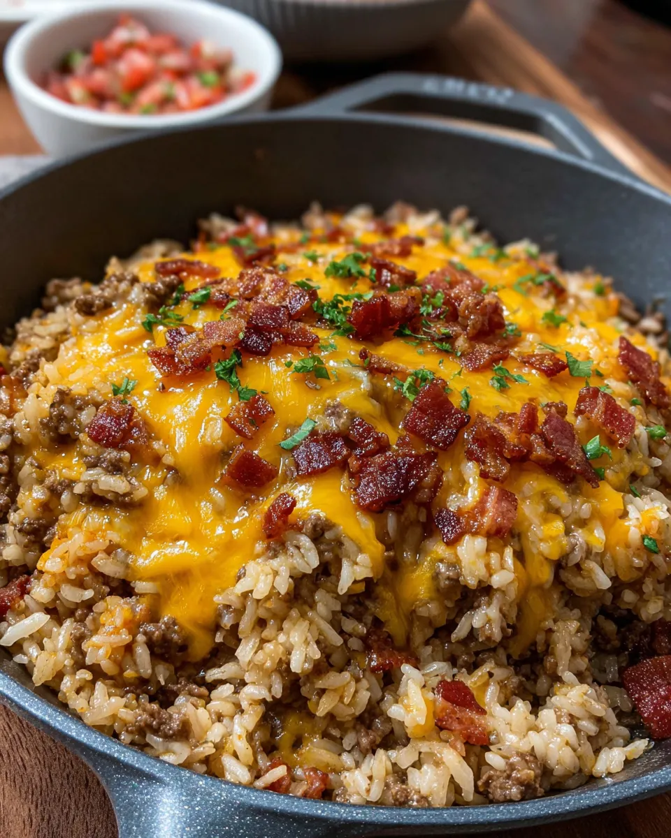 A dish of bacon cheeseburger rice.