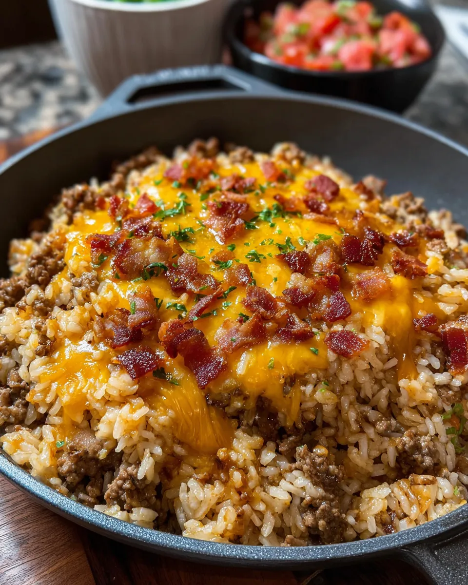 A close up of a delicious bacon cheeseburger rice.