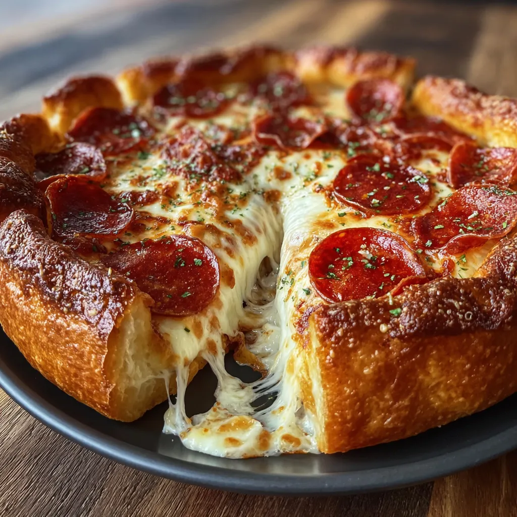 A slice of stuffed crust pepperoni pizza.