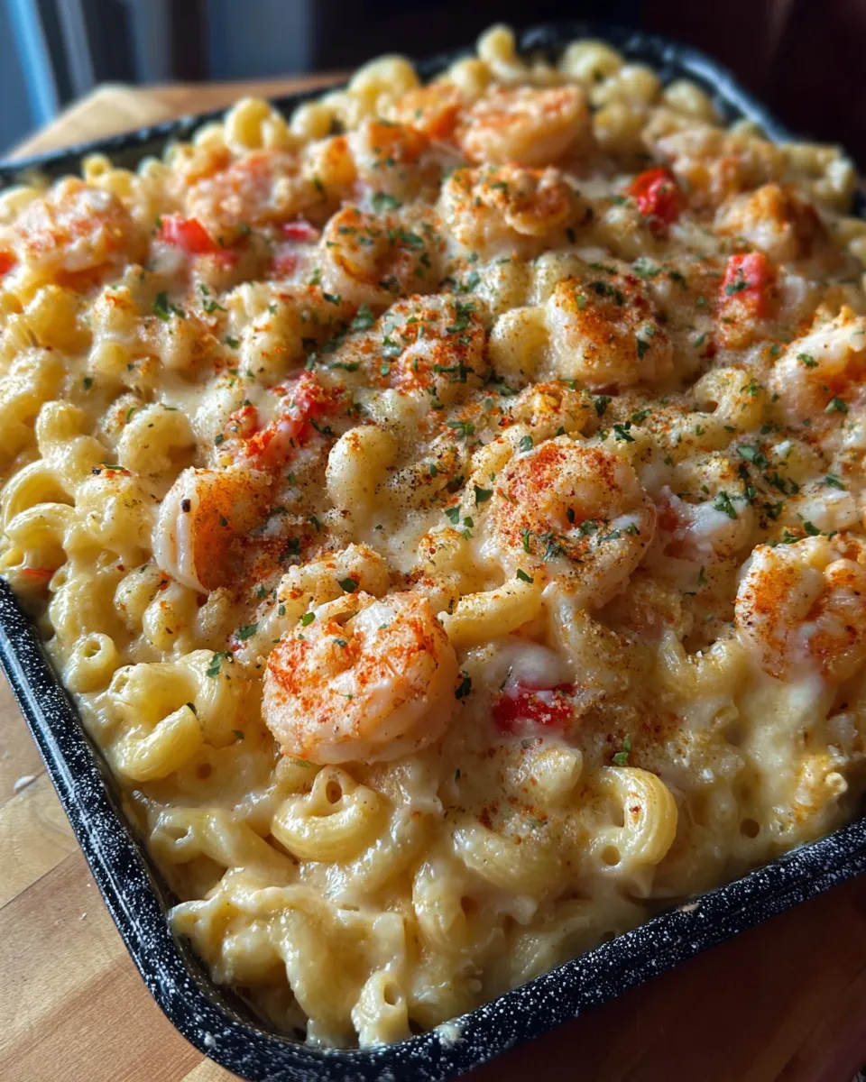 A dish of seafood mac and cheese.