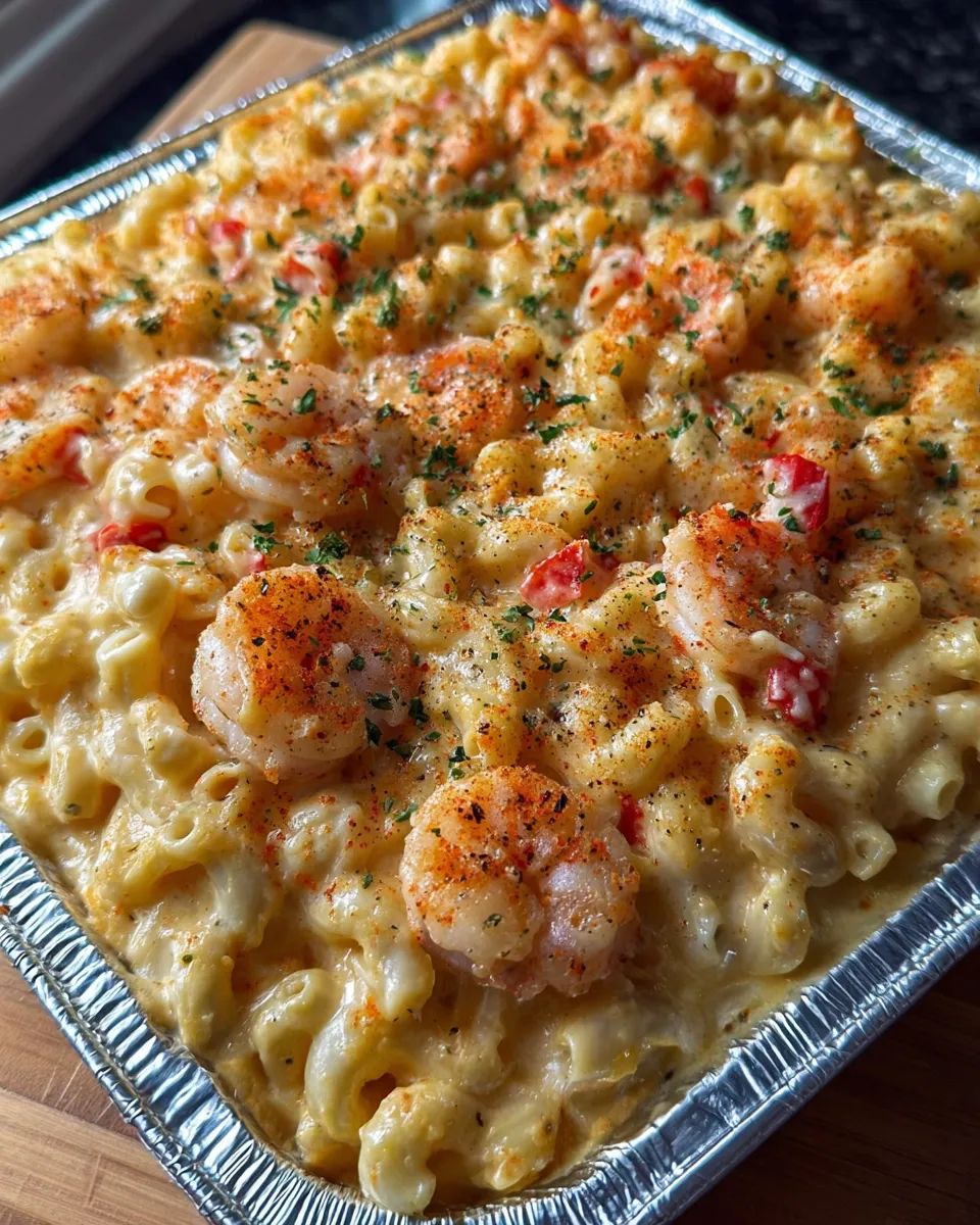 A pan of seafood mac and cheese.