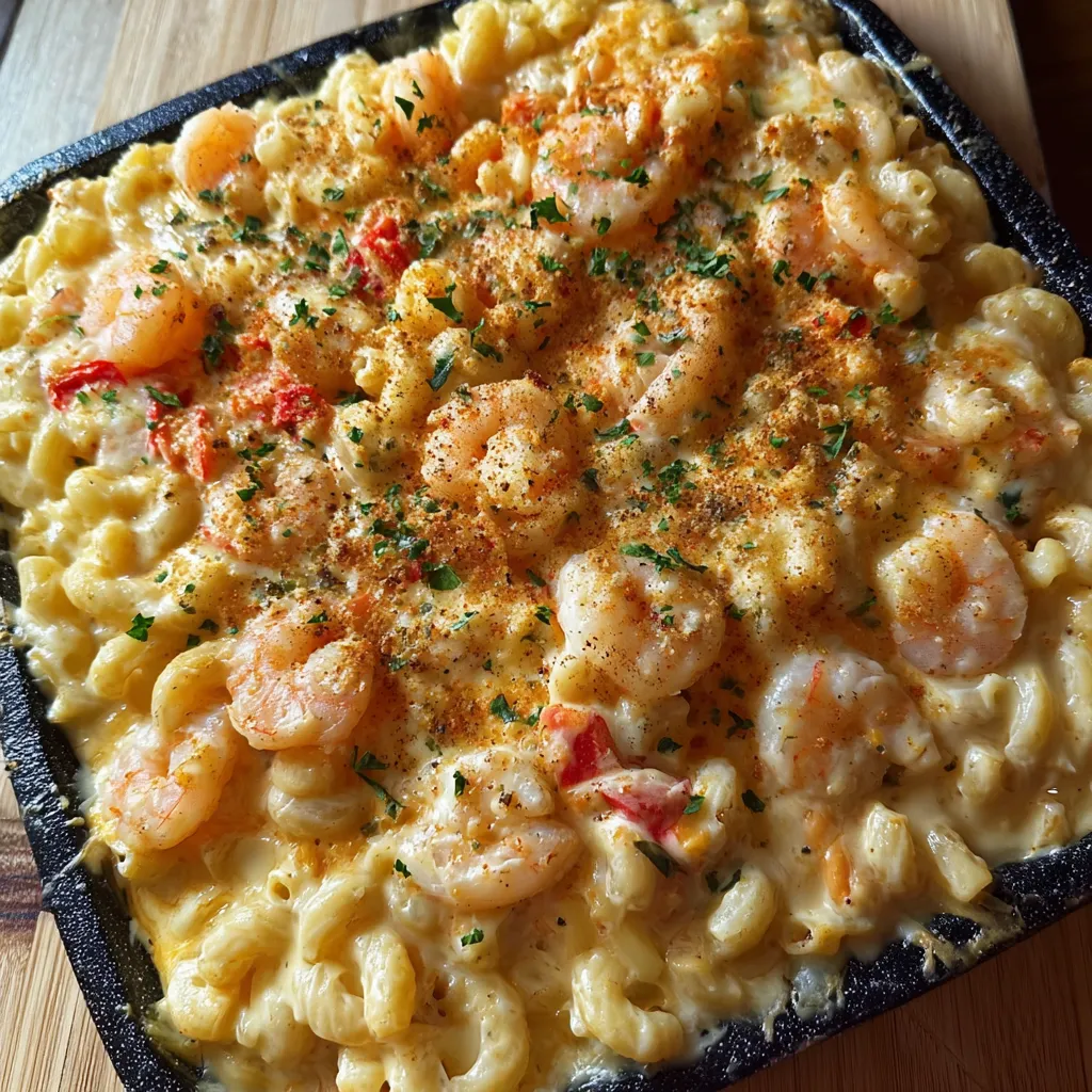 A dish of seafood mac and cheese.