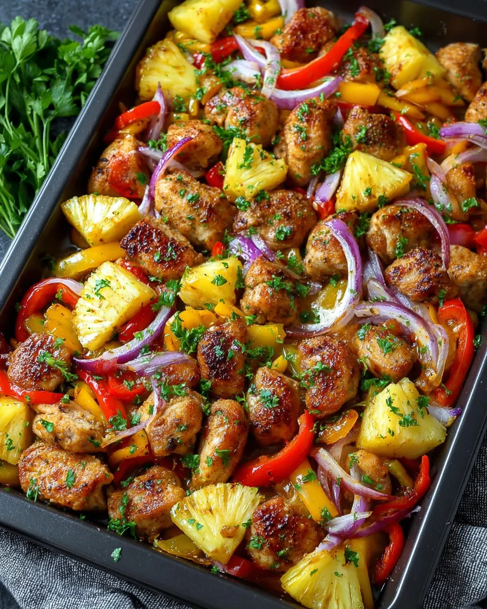 A pan of chicken with pineapple and peppers.