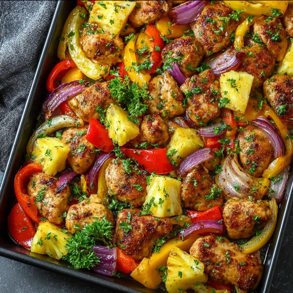 A pan of chicken with pineapple and onions.