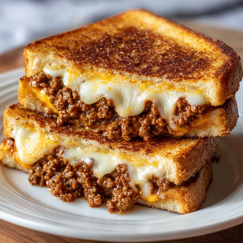 A plate of grilled cheese with sloppy joe on top.