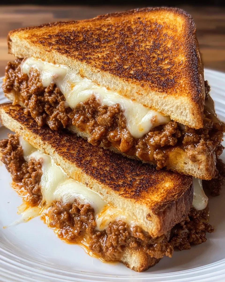 A grilled cheese sandwich with sloppy joe on top.