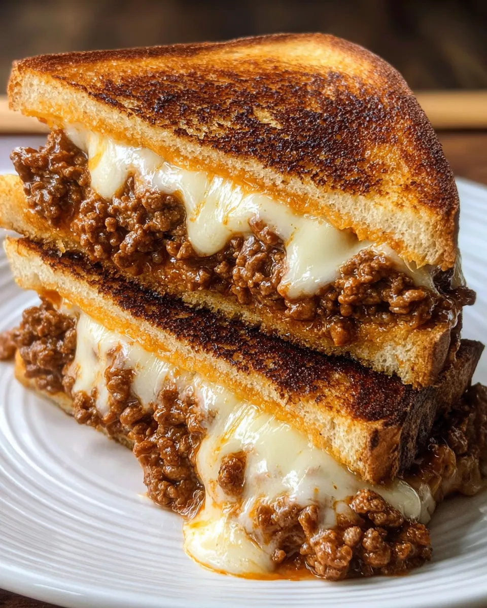A grilled cheese sandwich with sloppy joe filling.