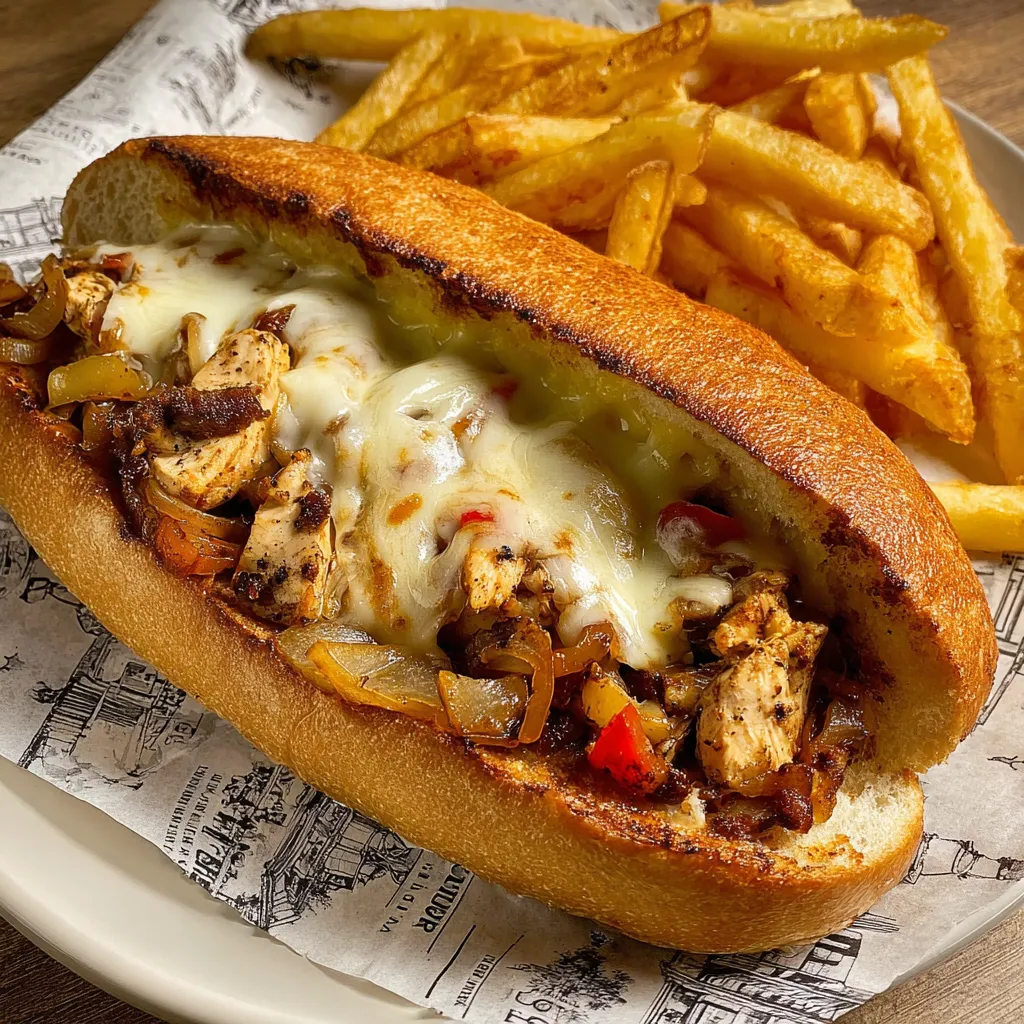 A chicken cheesesteak with onions and peppers.