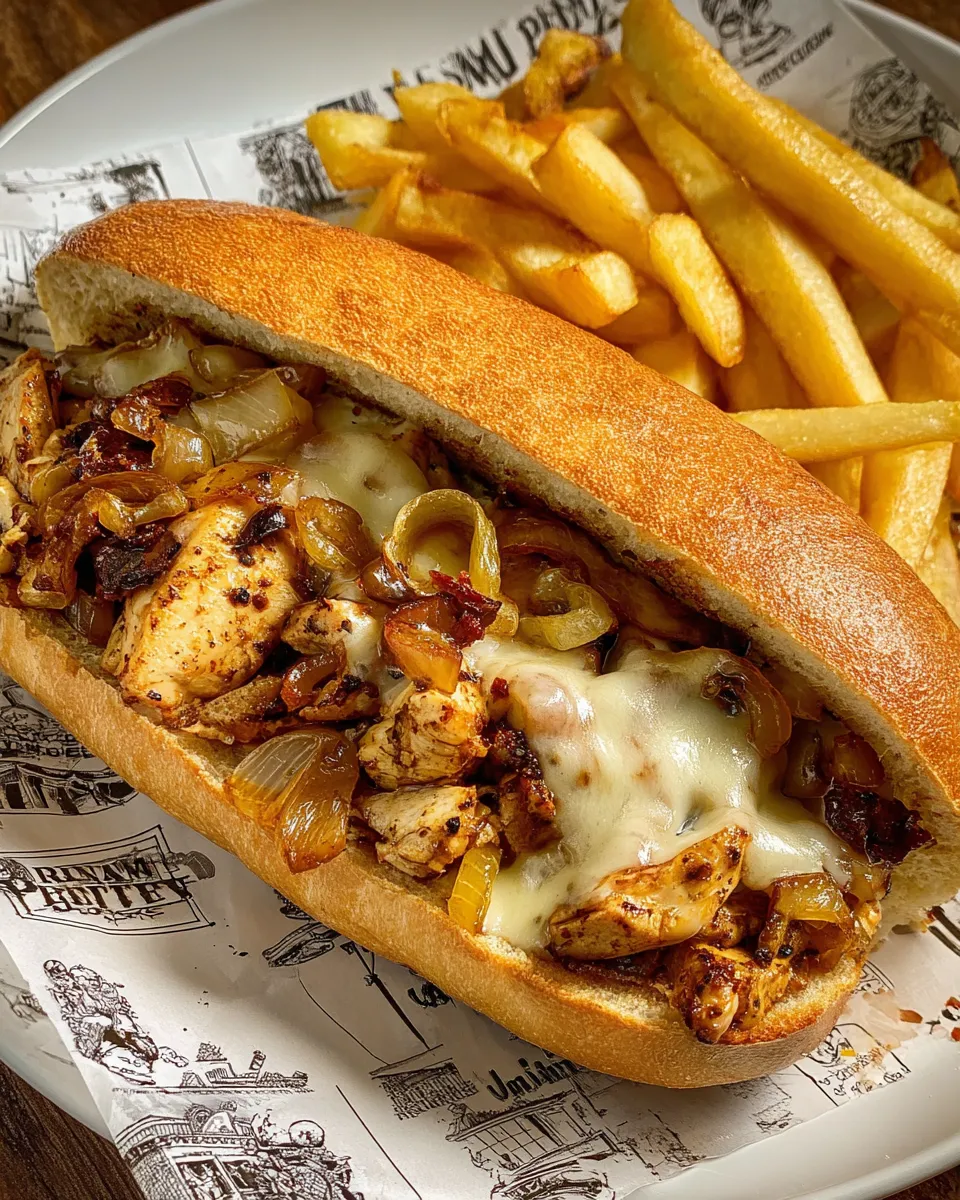 A chicken cheesesteak with onions and cheese.