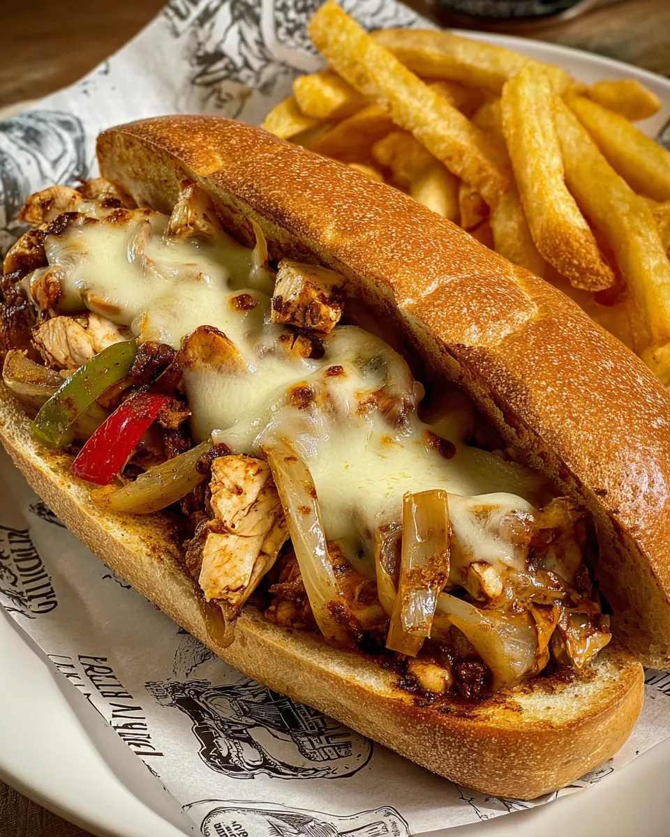 A chicken cheesesteak sandwich with onions and peppers.