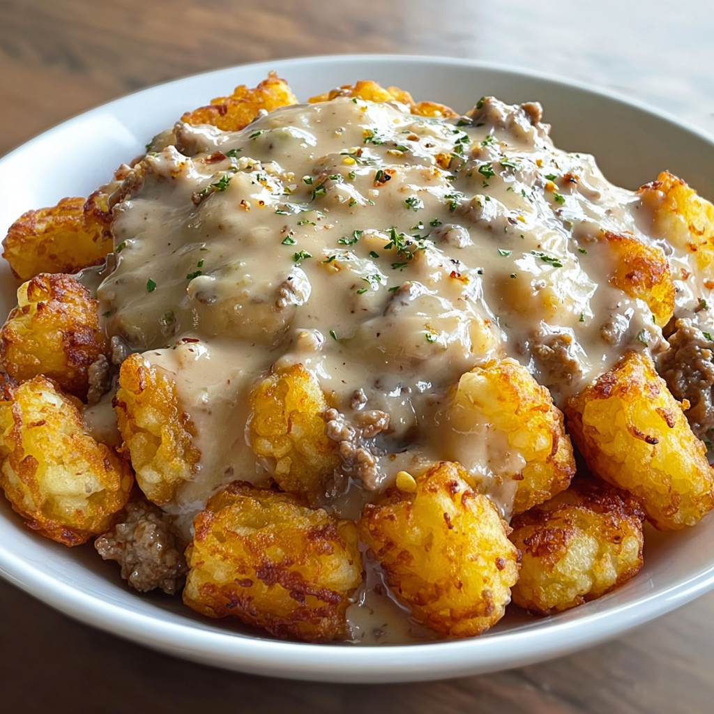 A white bowl filled with tater tots and sausage gravy.