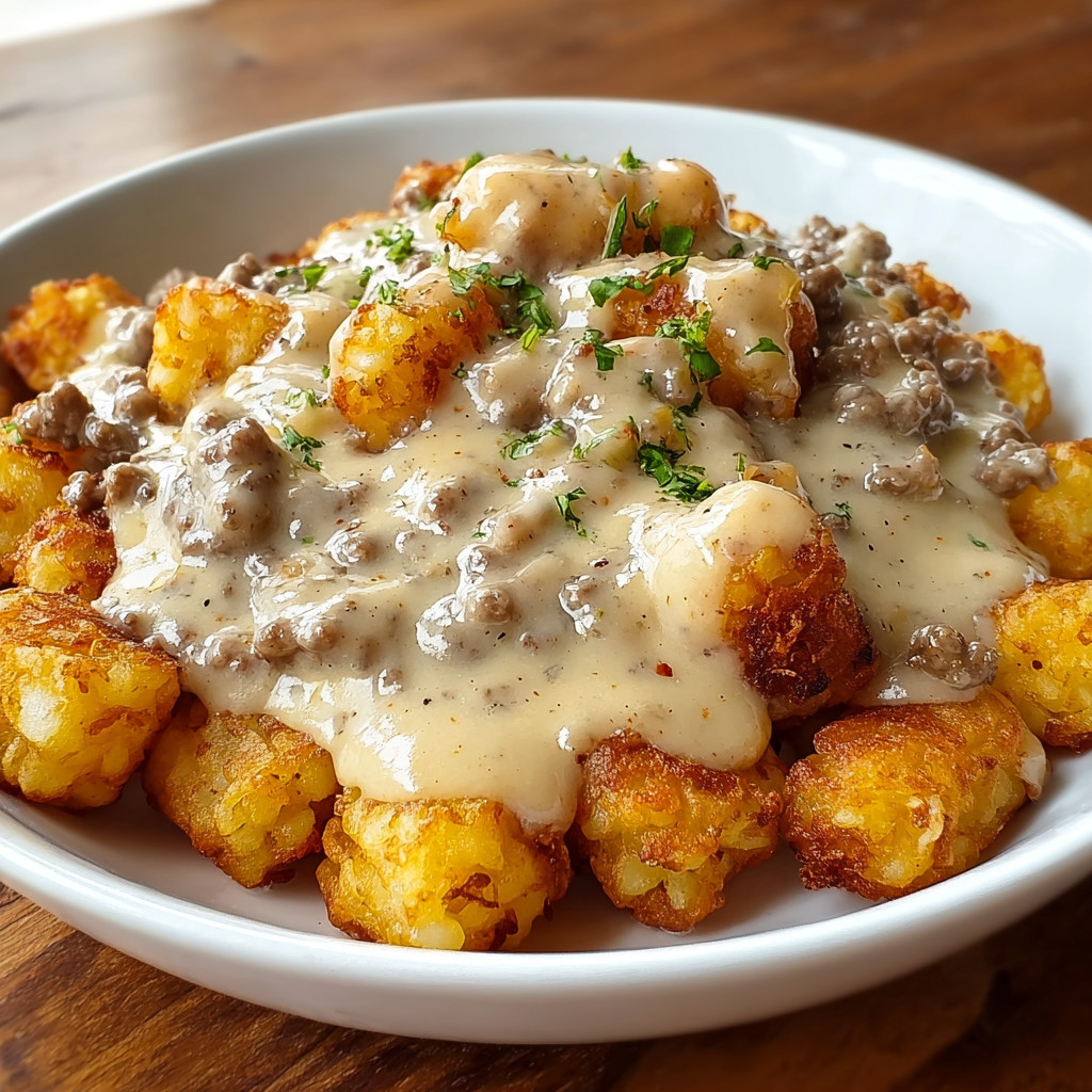 A white bowl filled with tater tots and sausage gravy.