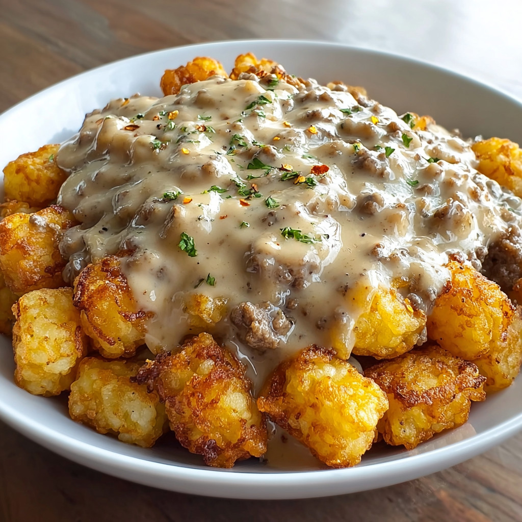 A white plate with a tater tot breakfast bowl with sausage gravy.