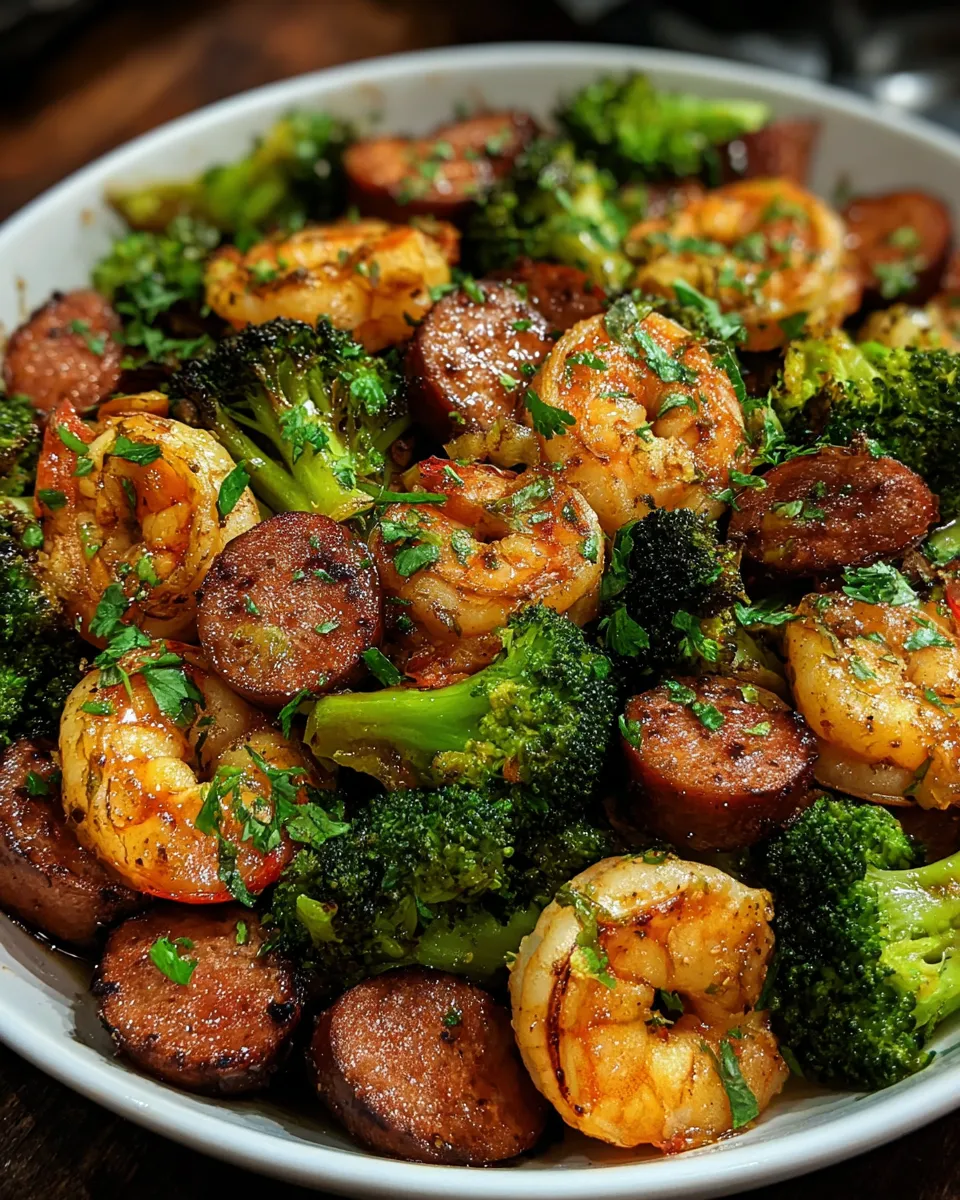 A bowl of food with shrimp, sausage, and broccoli.