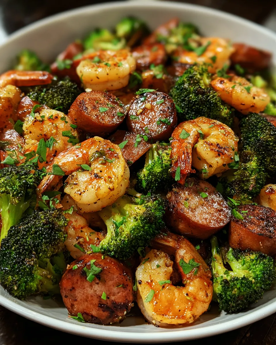 A bowl of shrimp, sausage, and broccoli.