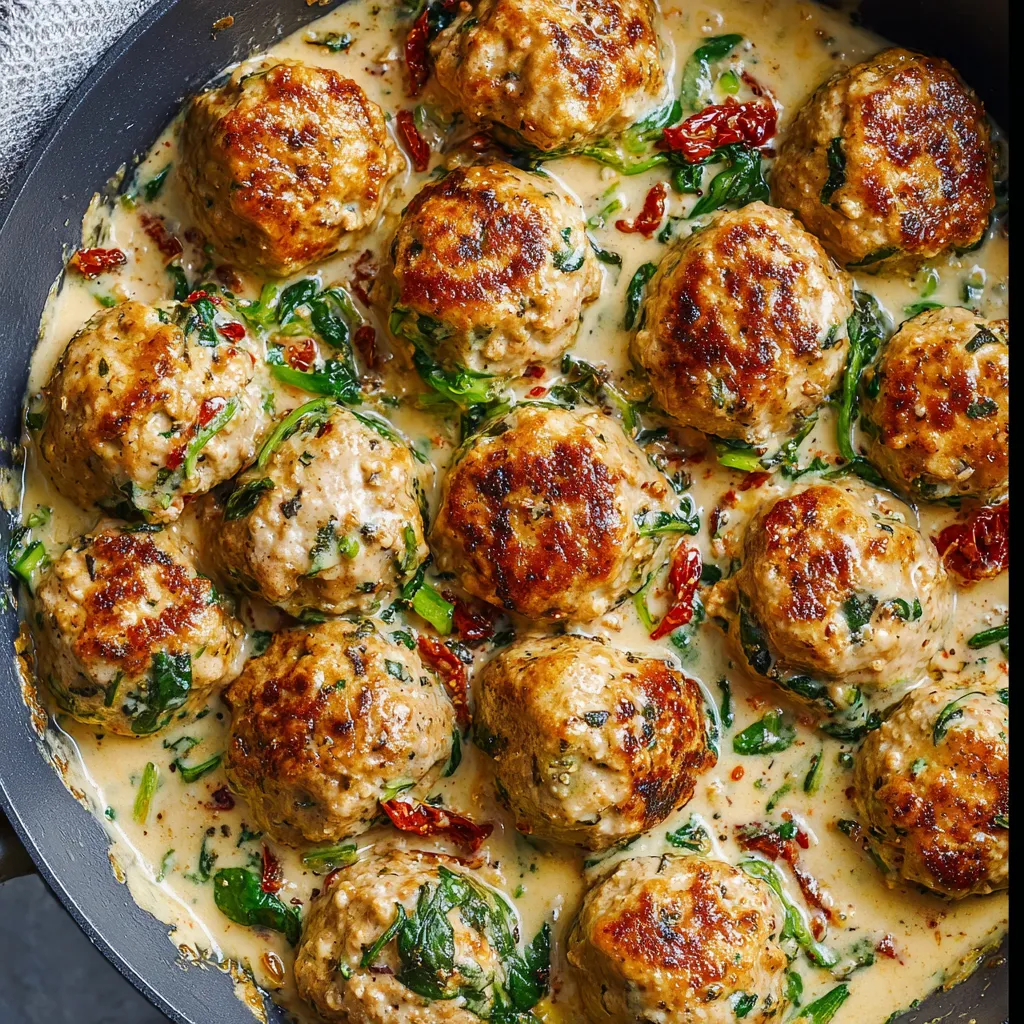 A pan of creamy spinach turkey meatballs.