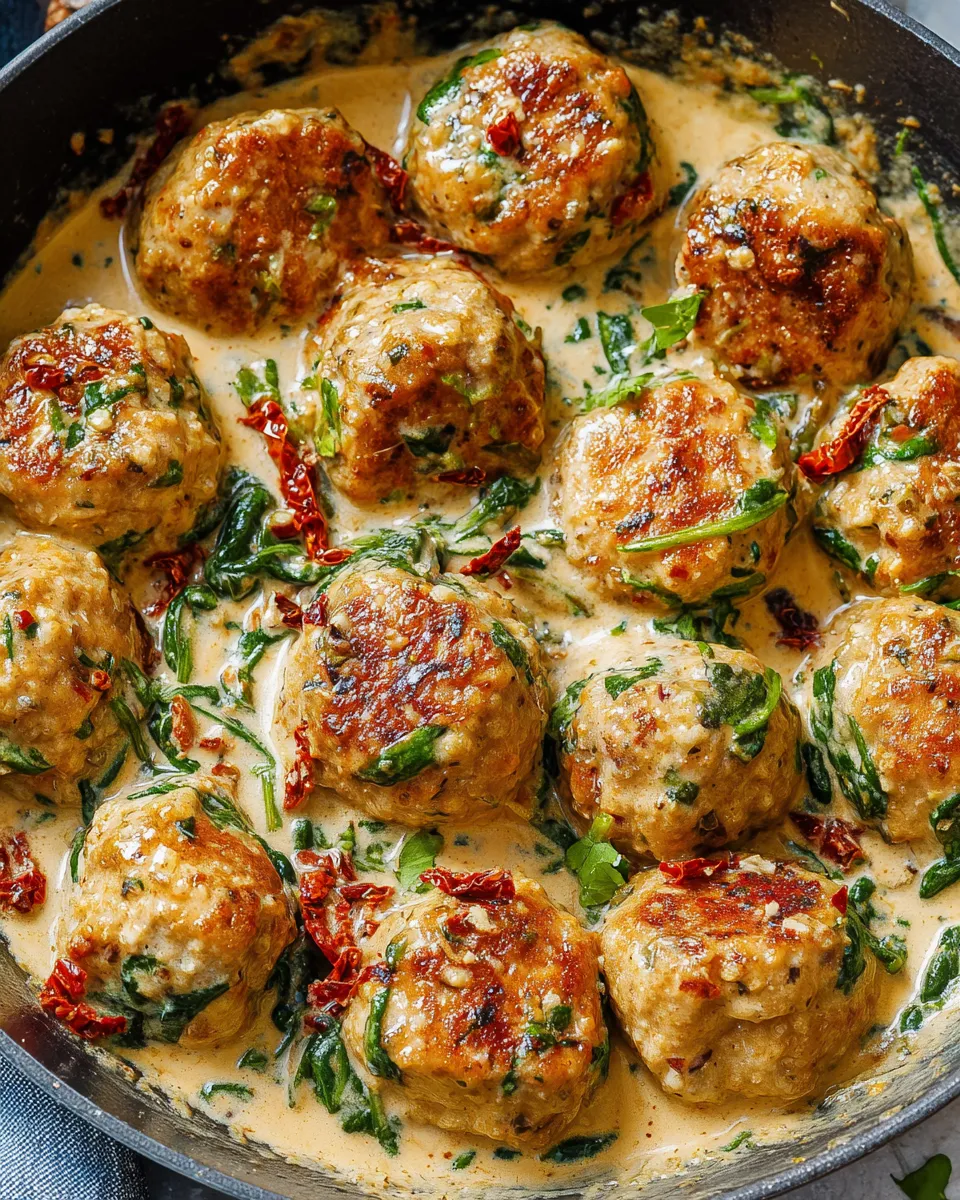 A bowl of creamy spinach turkey meatballs.