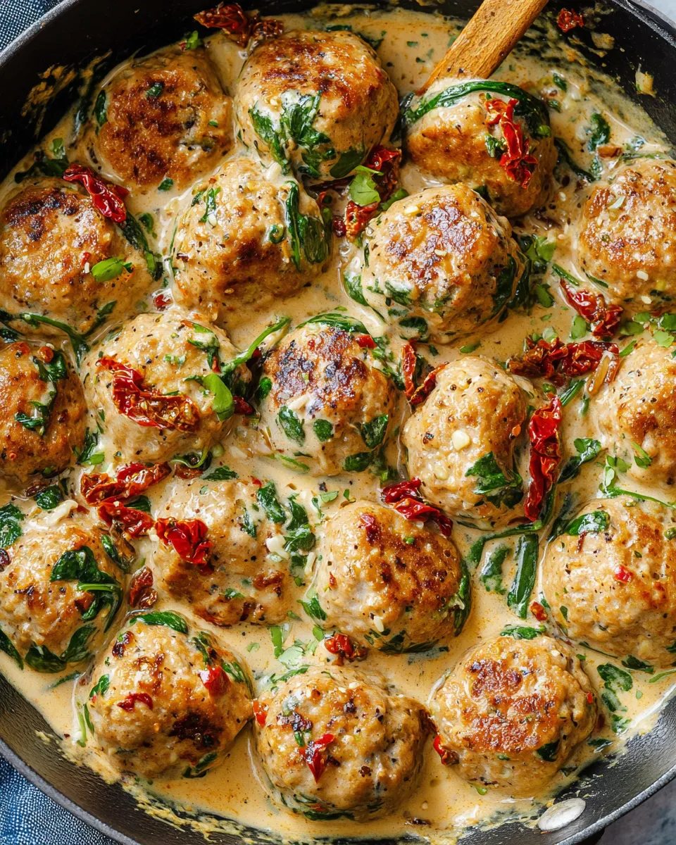 A dish of creamy spinach turkey meatballs.