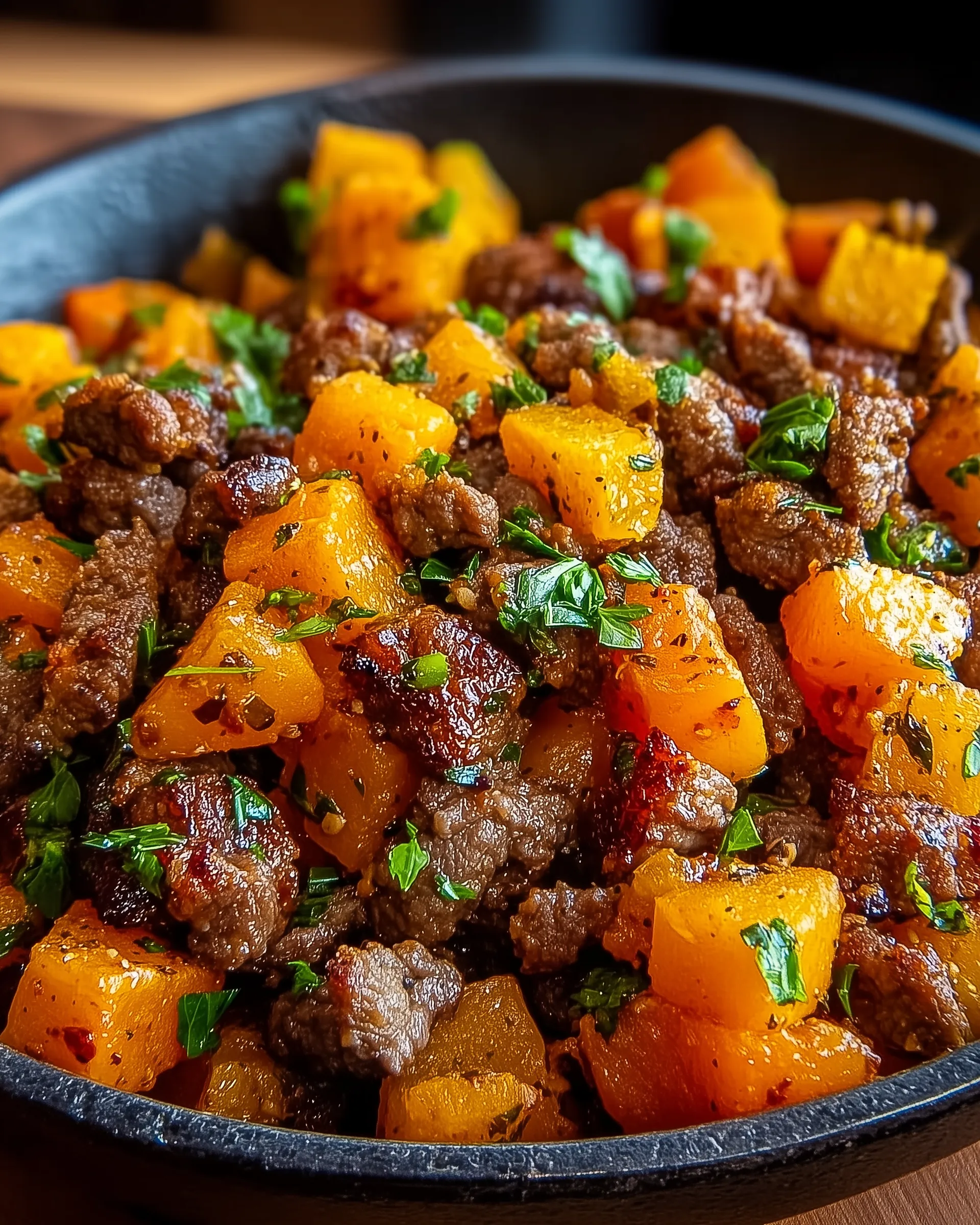 A bowl of savory beef and sweet potato hash.
