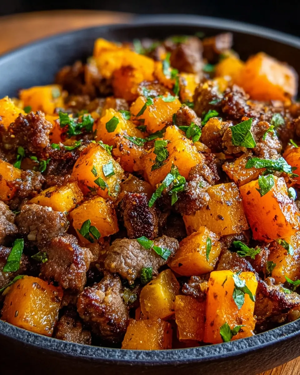 A bowl of savory beef and sweet potato hash.