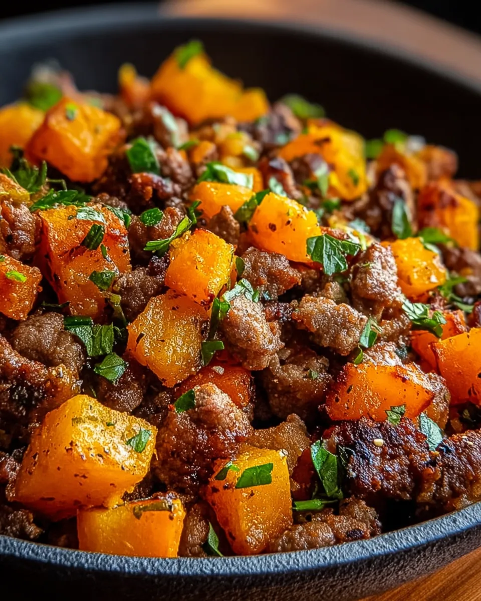A savory beef and sweet potato hash.