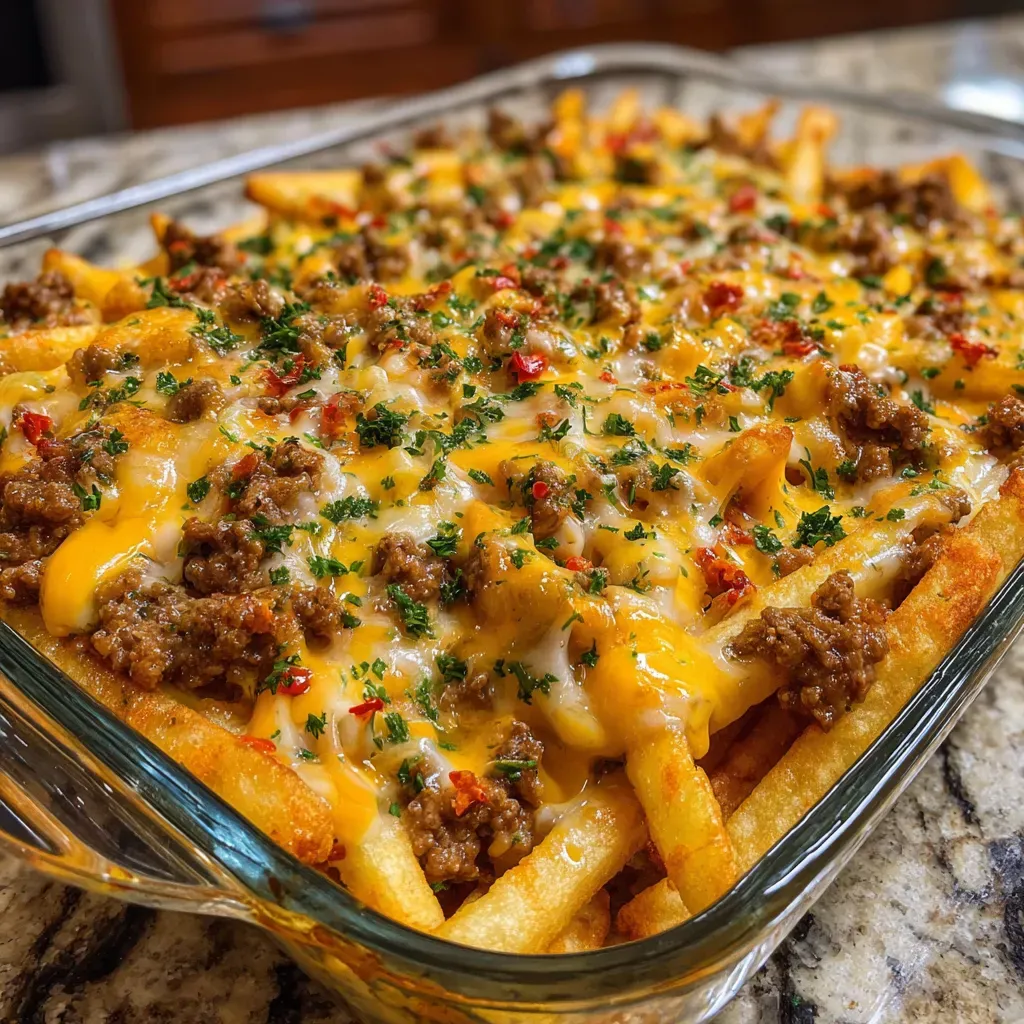 A cheeseburger french fry casserole in a glass dish.