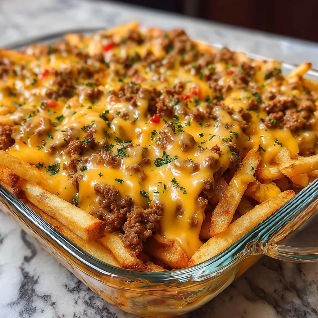 A cheeseburger french fry casserole in a glass dish.