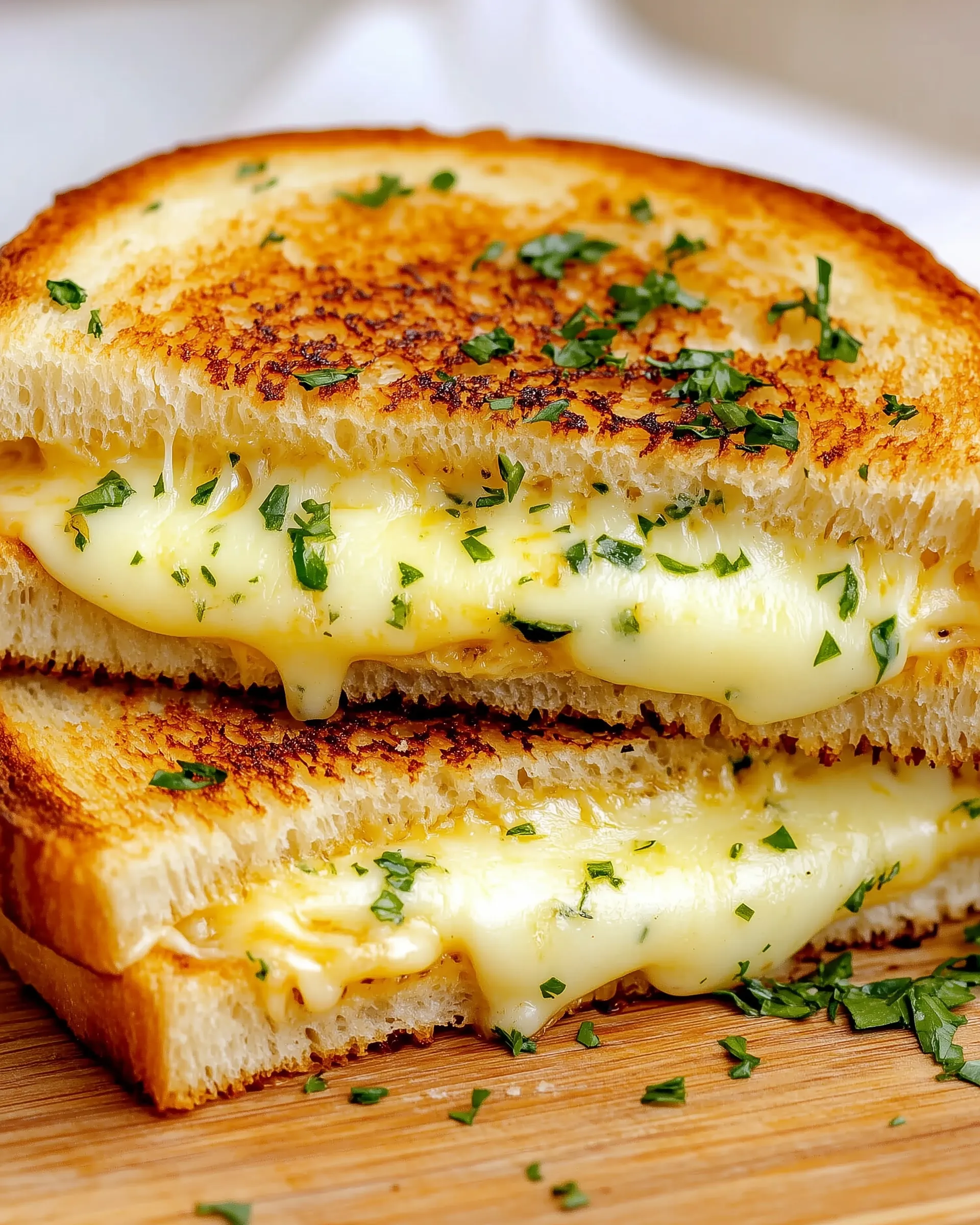 A grilled cheese sandwich with garlic bread.