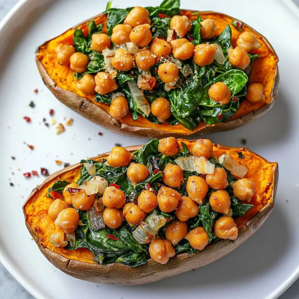 Two sweet potatoes stuffed with chickpeas and spinach.