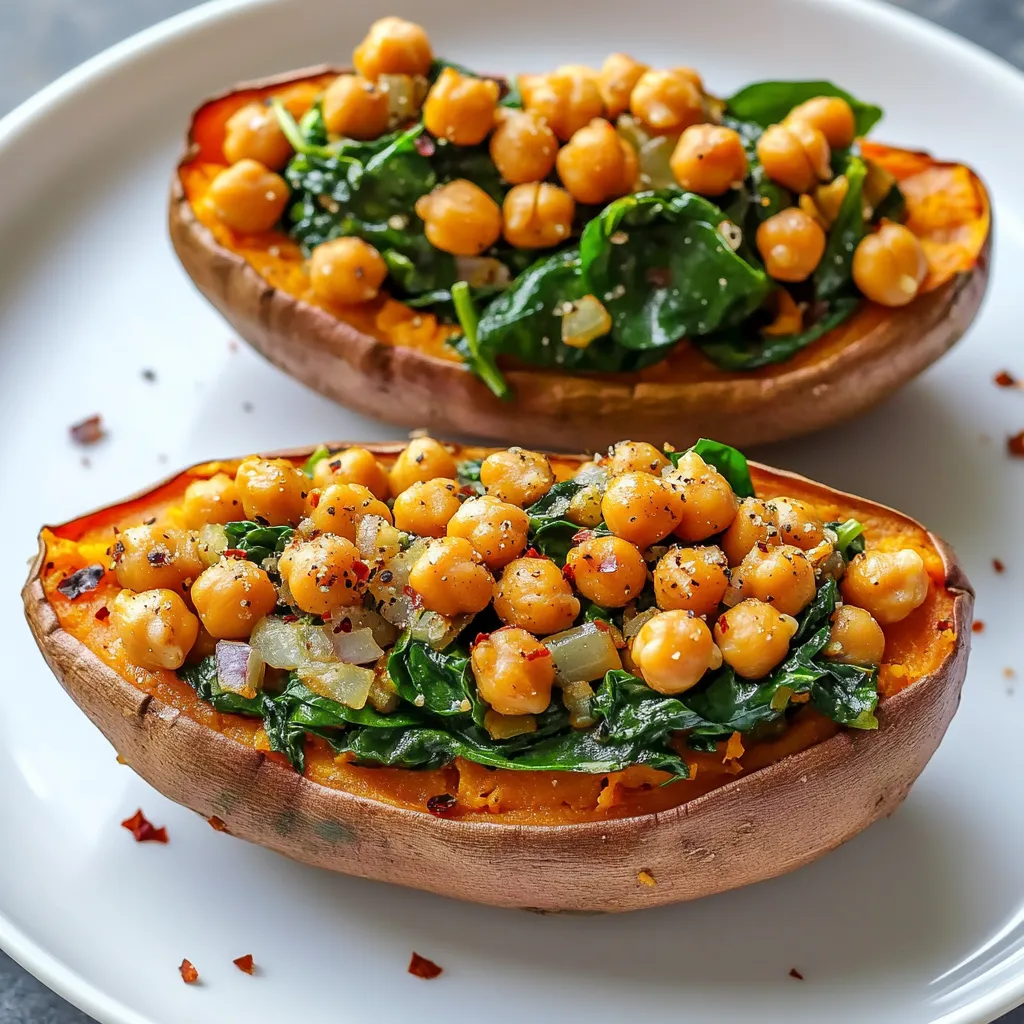 Two sweet potatoes filled with chickpeas and spinach.
