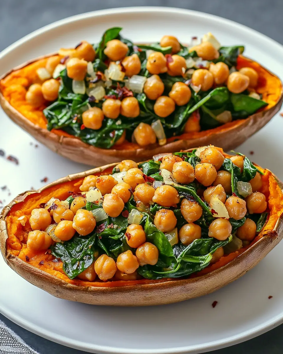 Two sweet potatoes filled with chickpeas and spinach.