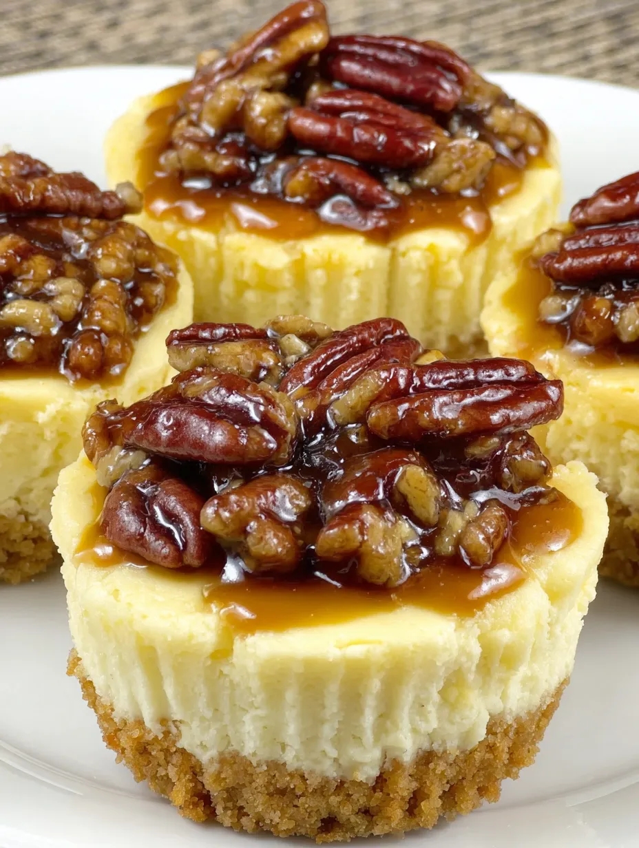 Three small pecan pies with caramel sauce.