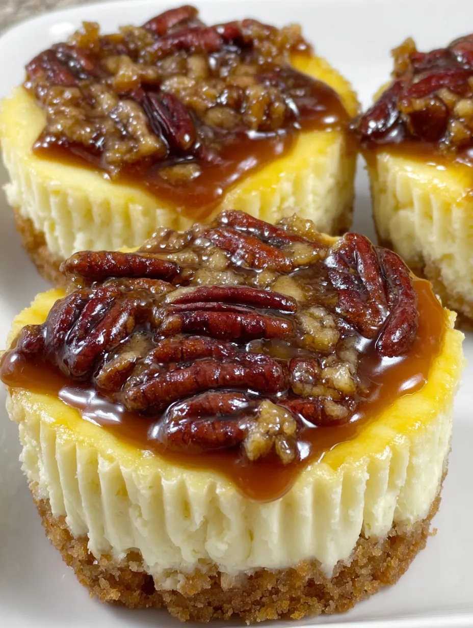 Three mini pecan pies with caramel sauce.
