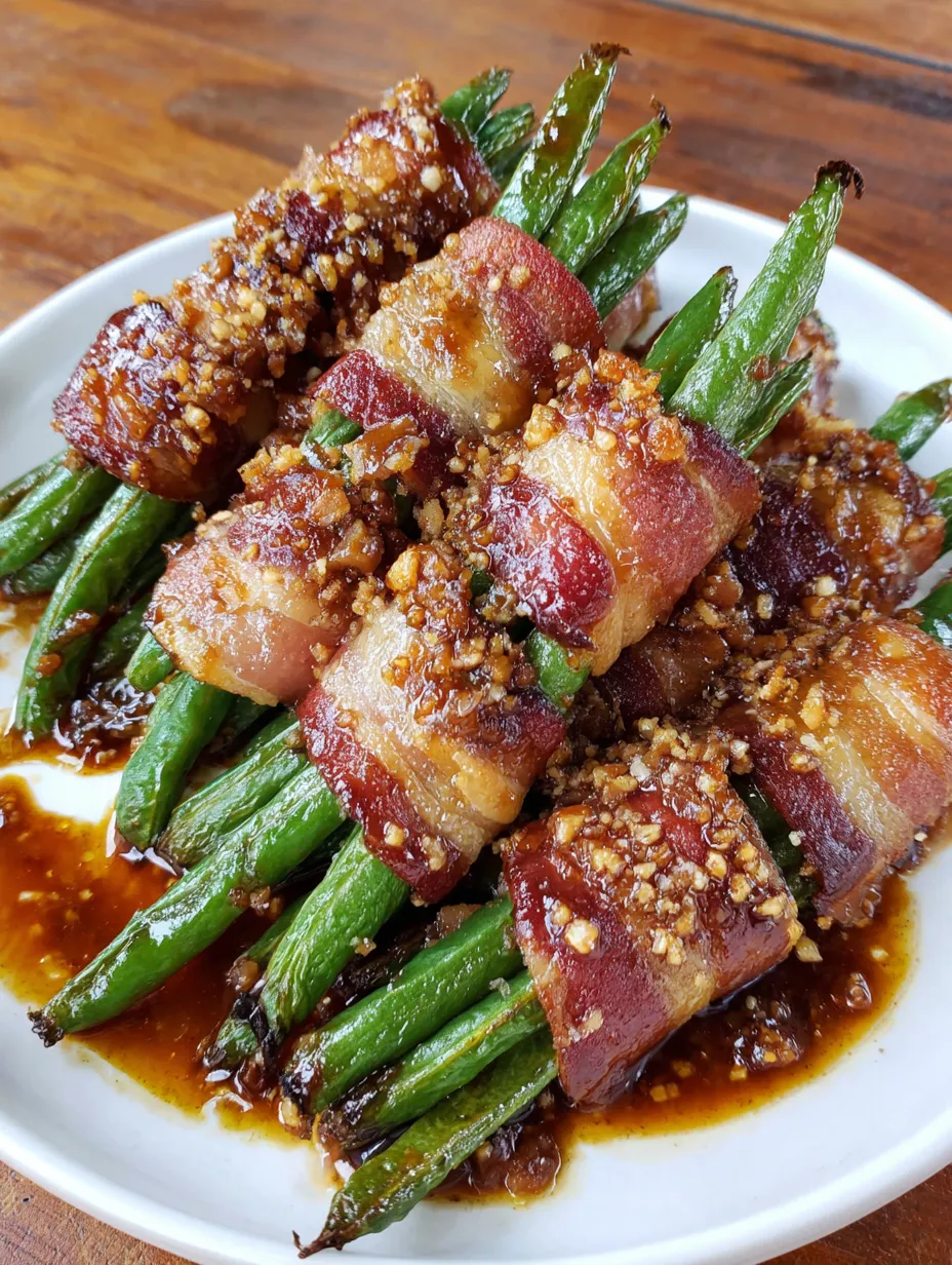 Green beans with bacon wrapped around them.