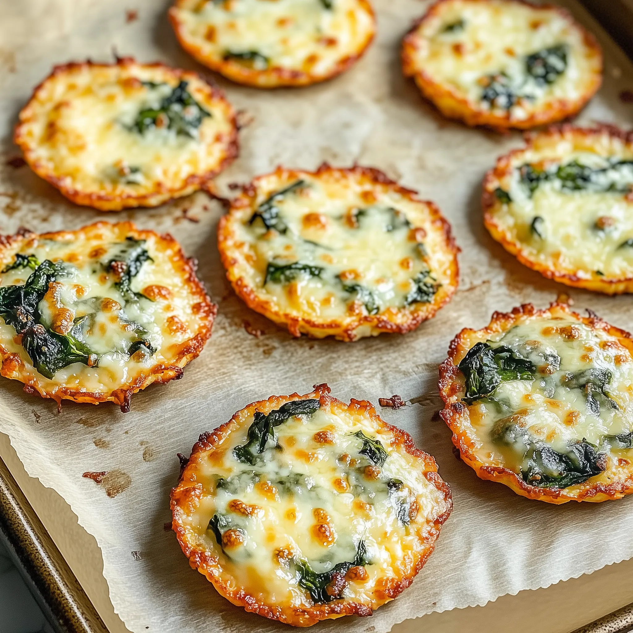 A tray of spinach and cheese taco shells.