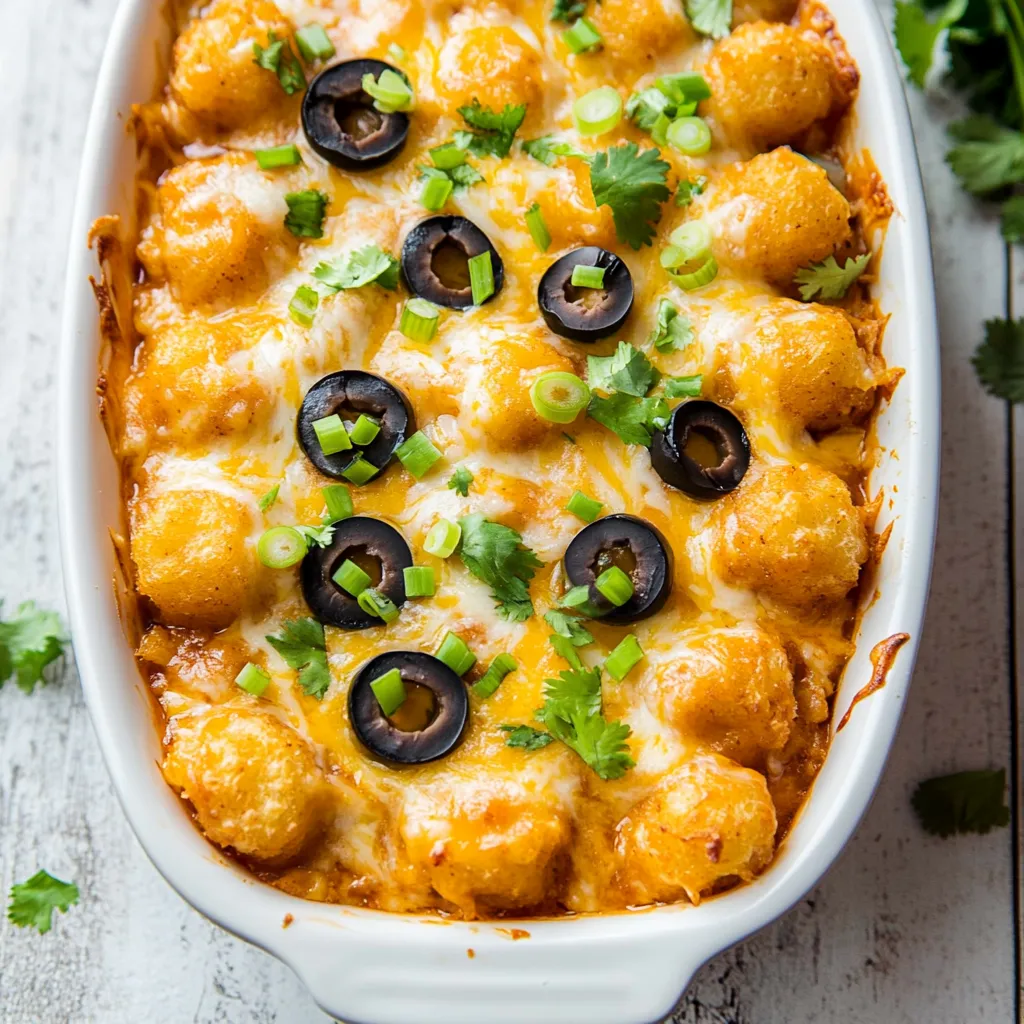 A dish of tater tot enchilada bake.