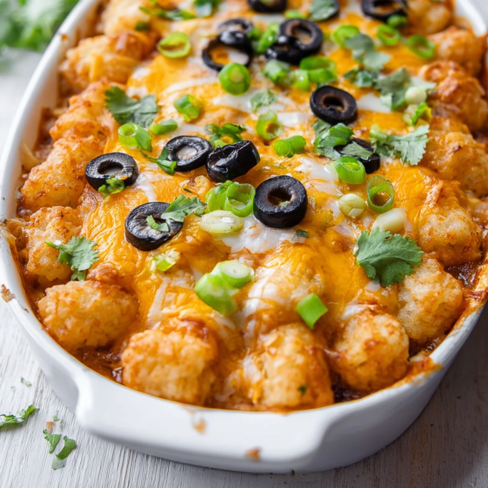 A dish of Tater Tot Enchilada Bake.