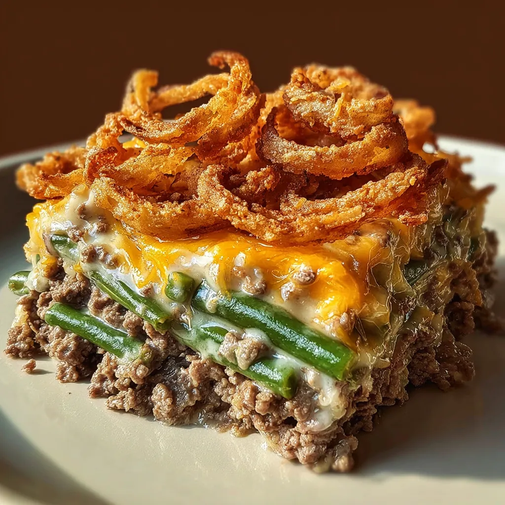 A hamburger with green beans on top.