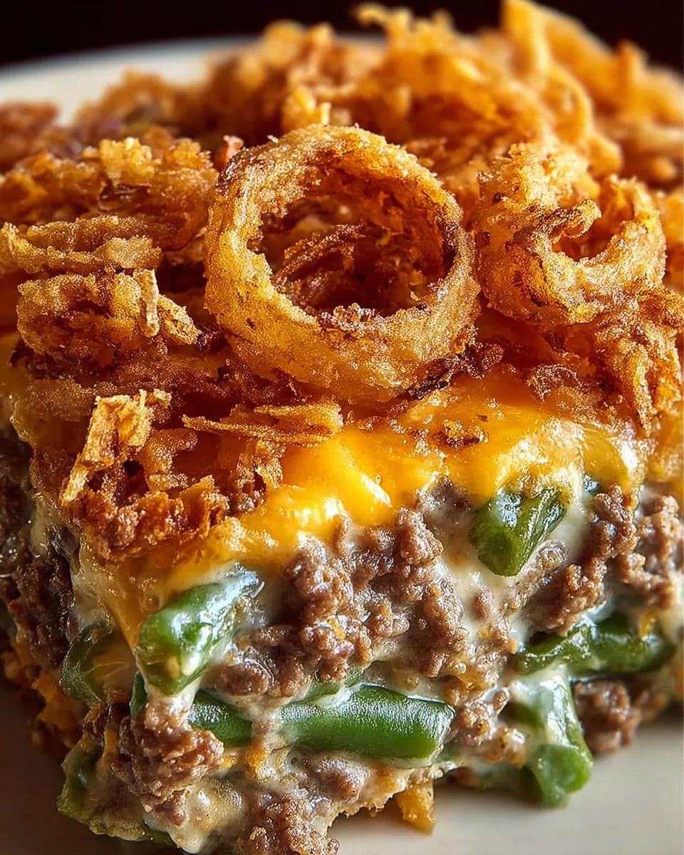 A hamburger with green beans on top.