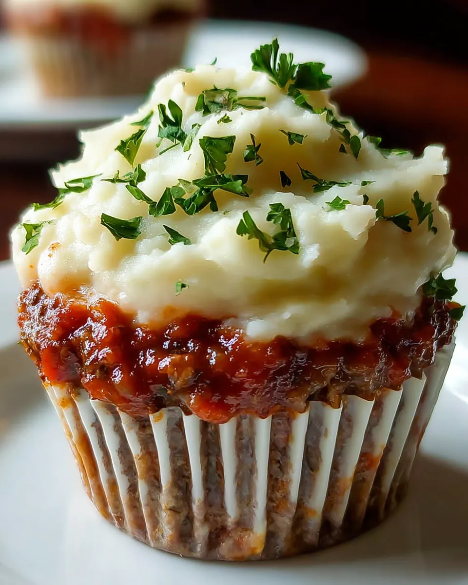 A cupcake with meatloaf and whipped potato topping.
